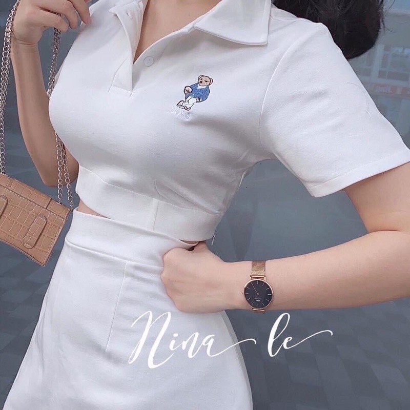 Set áo thun cổ bẻ polo thêu ngực xinh kèm chân váy chữ A