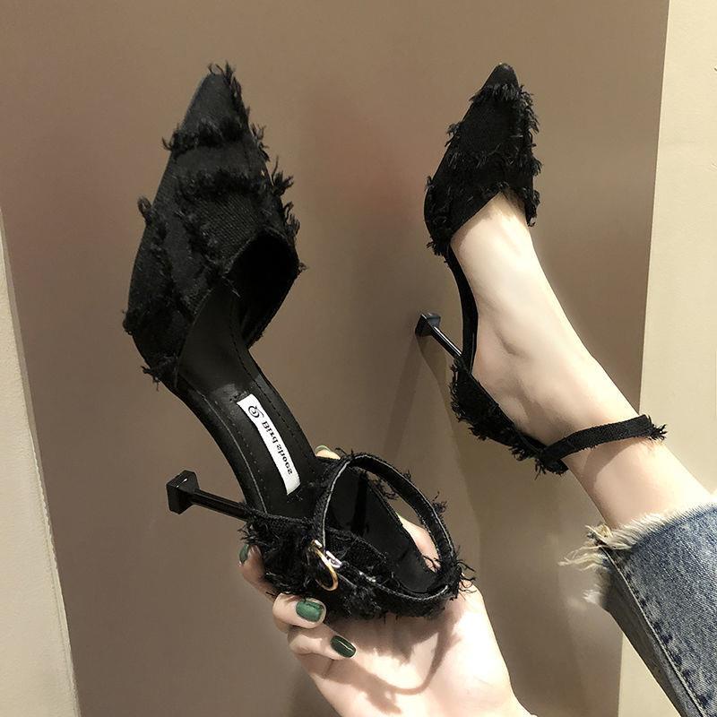 Single Shoes Women's Spring And Summer 2021 New Wild One-Word Buckle High Heels Women's Stiletto Pointed Sexy Lace Fashi