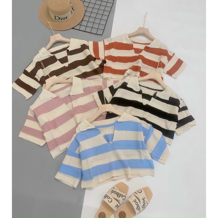 Áo len kẻ croptop dáng rộng cộc tay | BigBuy360 - bigbuy360.vn