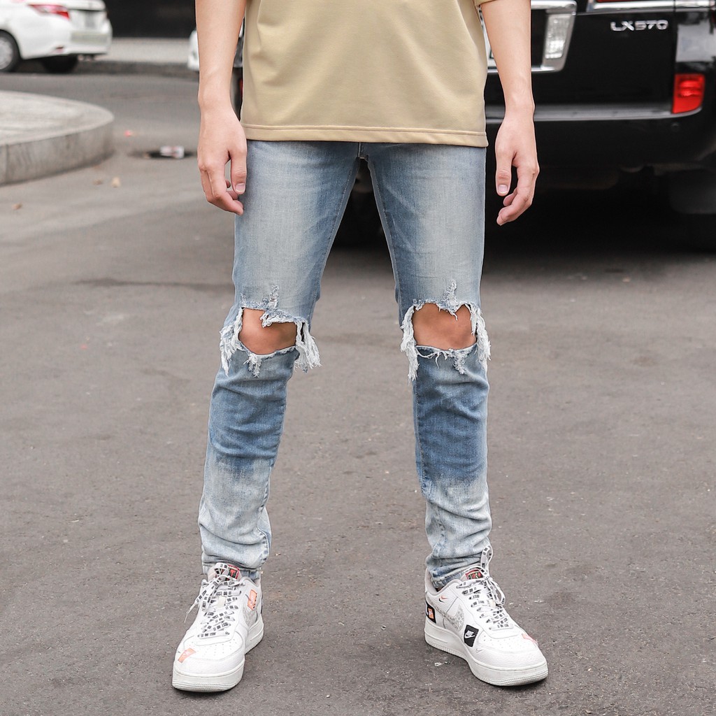 Quần Skinny Jeans Nam-Màu Xanh Phối Vệt Sơn Trắng-Rách Gối-Chất Liệu Cotton Co Giãn-Ống Đứng Dáng Ôm Chân Chuẩn Skinny
