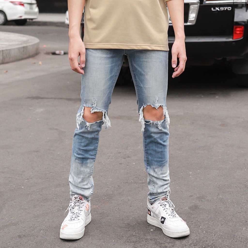 QUẦN SKINNY JEANS RÁCH GỐI MÀU XANH WITH PAINT DESTROY