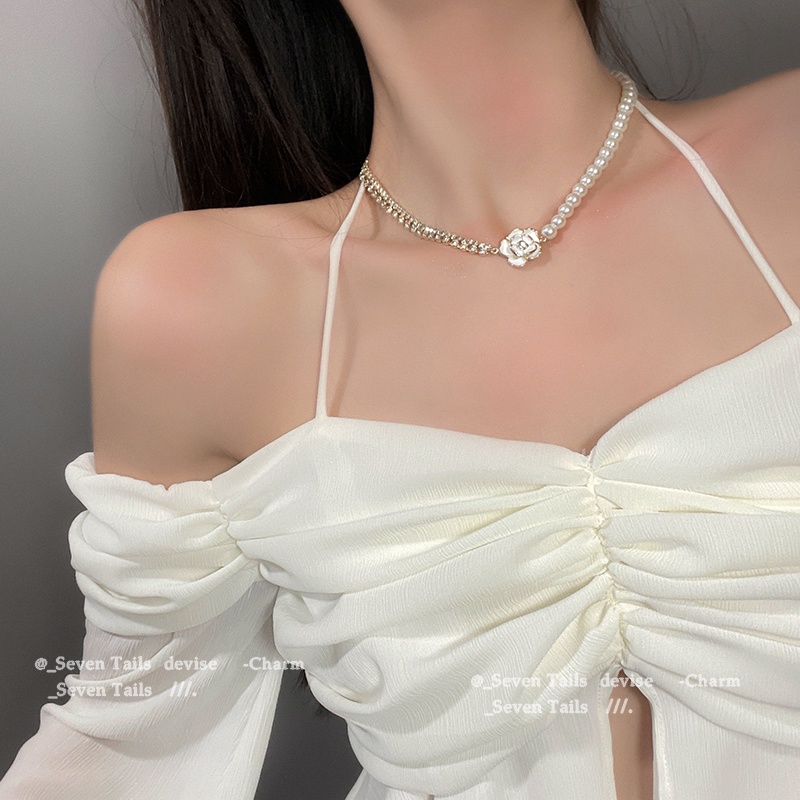 Vòng Cổ choker Đính Hoa Chi Trà Và Ngọc Trai Sang Trọng Thời Trang