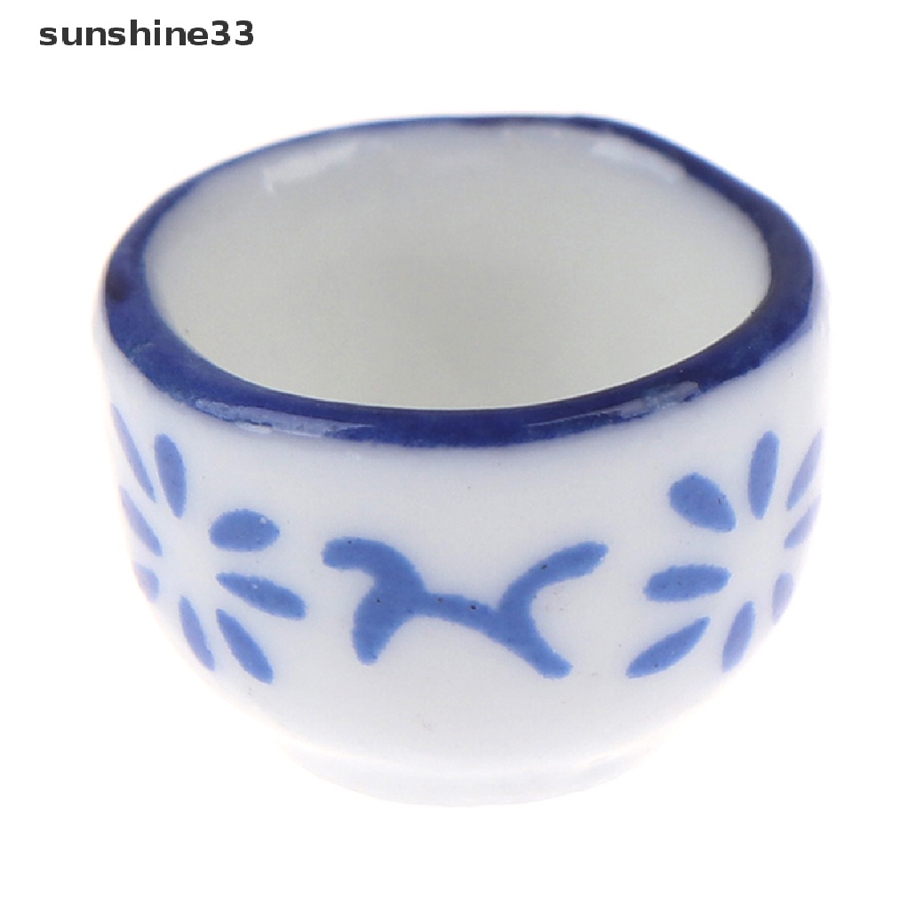 Set 6 món mô hình đĩa bình tách trà gốm xanh lam gợn sóng cho nhà búp bê