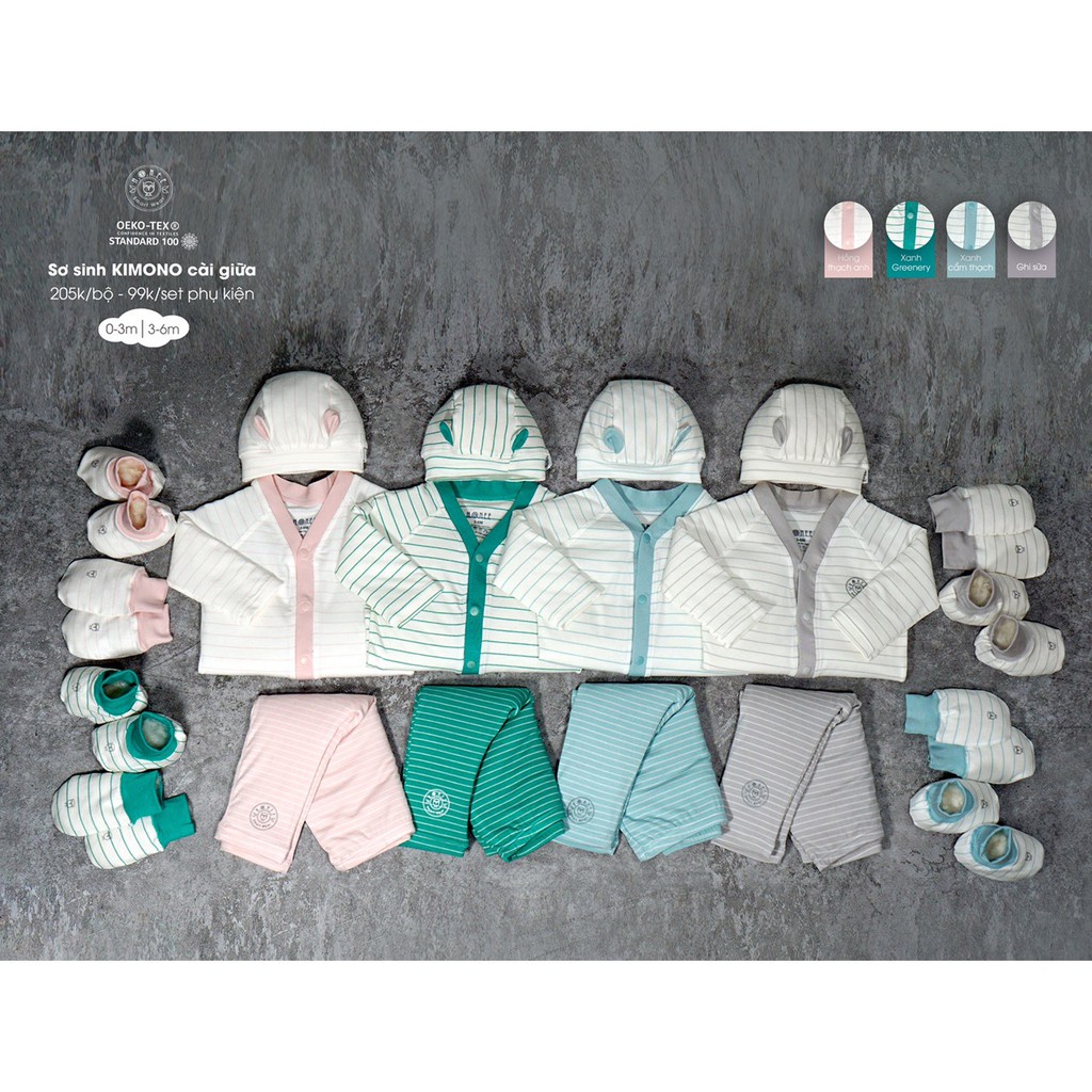 Bộ Hrnee sơ sinh Kimono Modal kẻ chéo, cài thẳng dài tay