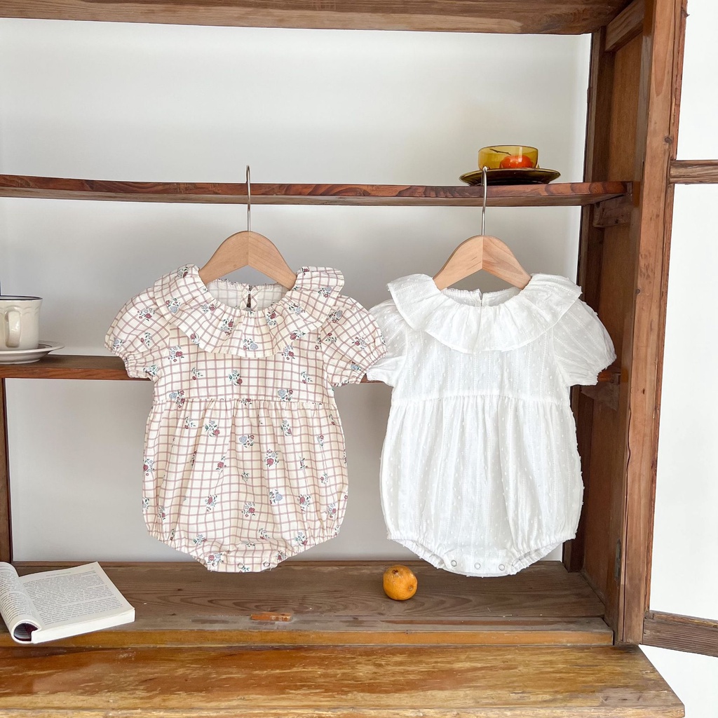 Bộ Áo Liền Quần Cổ Tròn Tay Ngắn Chất Liệu Cotton Phối Ren Hoa Hồng Thời Trang Mùa Hè Cho Bé Gái