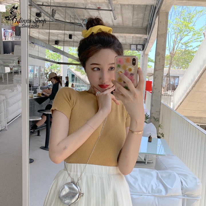 Áo len nữ Hàn Quốc cổ tròn, áo len nữ ngắn tay hàng Quảng Châu co giãn cực tốt, ôm dáng lên phom Minxu shop LEN05