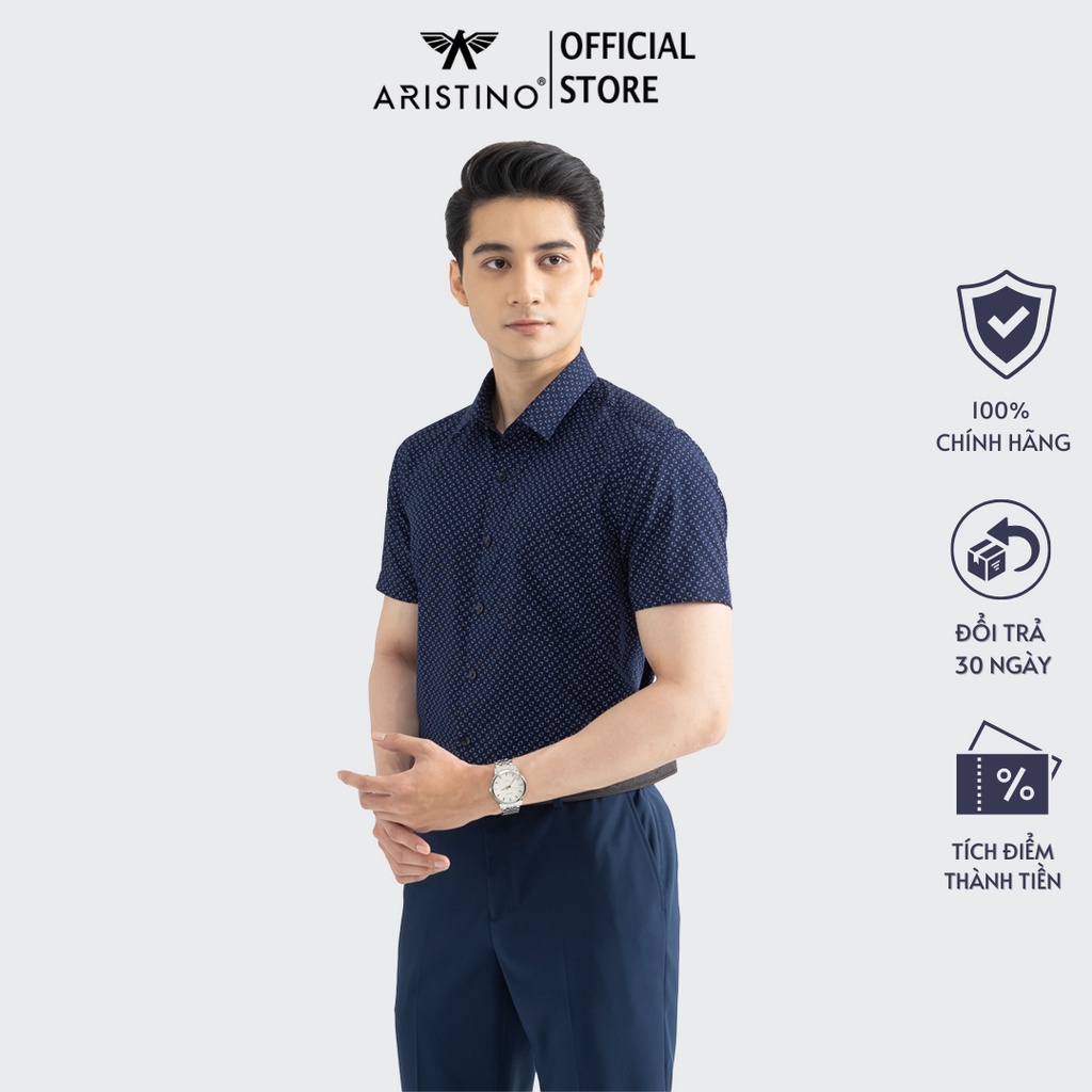 Áo sơ mi nam ngắn tay ARISTINO màu xanh tím than, thiết kế tà bằng, họa tiết nam tính, lịch lãm - ASS247S2