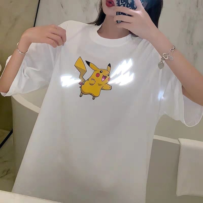 Áo Thun Nam Nữ Unisex Phản Quang Bạc Pikachu Tia Chớp Form Rộng Tay Lỡ Lapi Vn, Áo Phom Rộng Cổ Tròn, Freesize