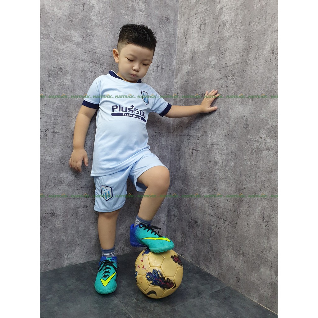 Bộ bóng đá trẻ em Atletico xanh nhạt (11kg - 41kg) thun Sài Gòn thoáng mát, may chất lượng, xưởng bán sỉ toàn quốc
