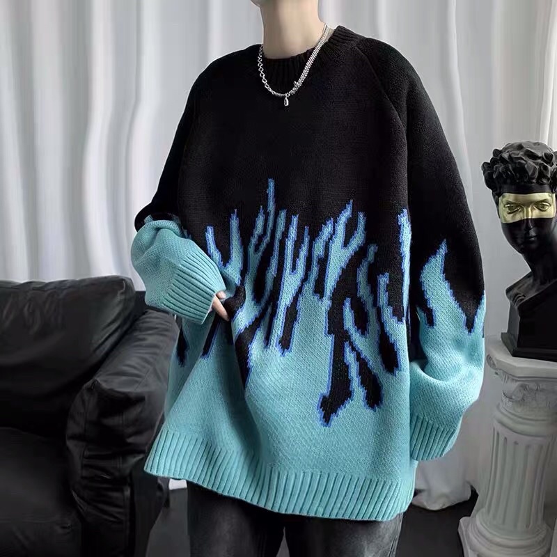 Áo len ngọn lửa xanh phối màu đen + xanh dương dáng raglan chất dệt kim 100% unisex Ulzzang siêu chất 🌈