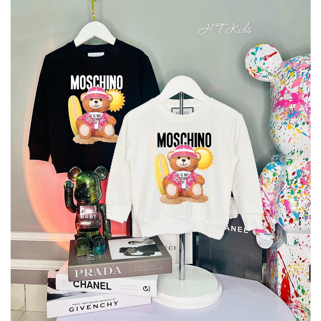 Áo nỉ cổ tròn Moschinoo teddy beach cho bé , sweater unisex trẻ em cao cấp , Kid_genZ