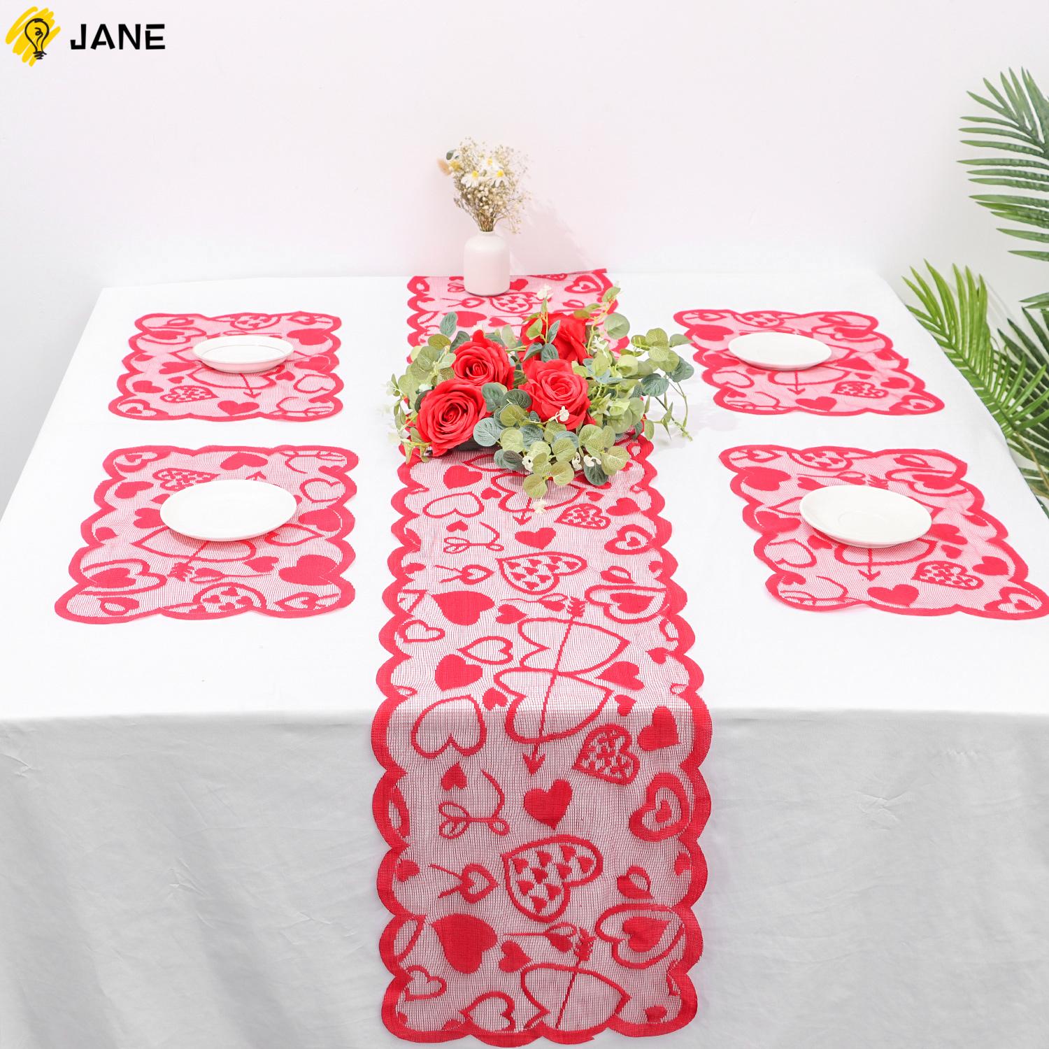 JANE 5PCS Rectangular Tablecloth Table Runner Dinner Supplies Valentines Day Table Placemats Heart Wedding Party Anniversary Home Romantic Lace