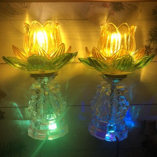 Đôi đèn thờ thủy tinh 20cm 1 cầu 3 lớp có đèn sáng đế đổi màu trang trí, tặng kèm 1 đôi bóng LED