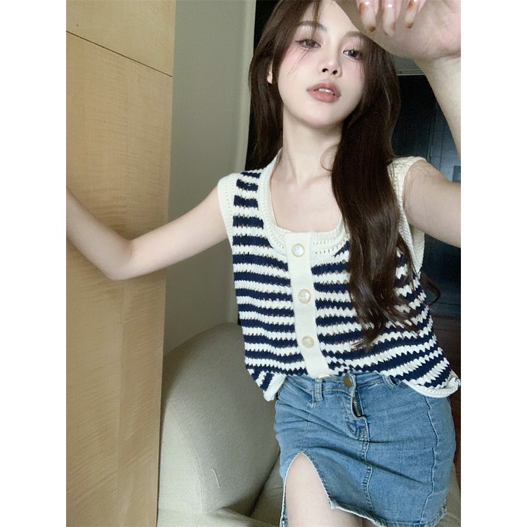 Áo Xiaozhainv sát nách cổ tròn họa tiết kẻ sọc thời trang Hàn Quốc cho nữ