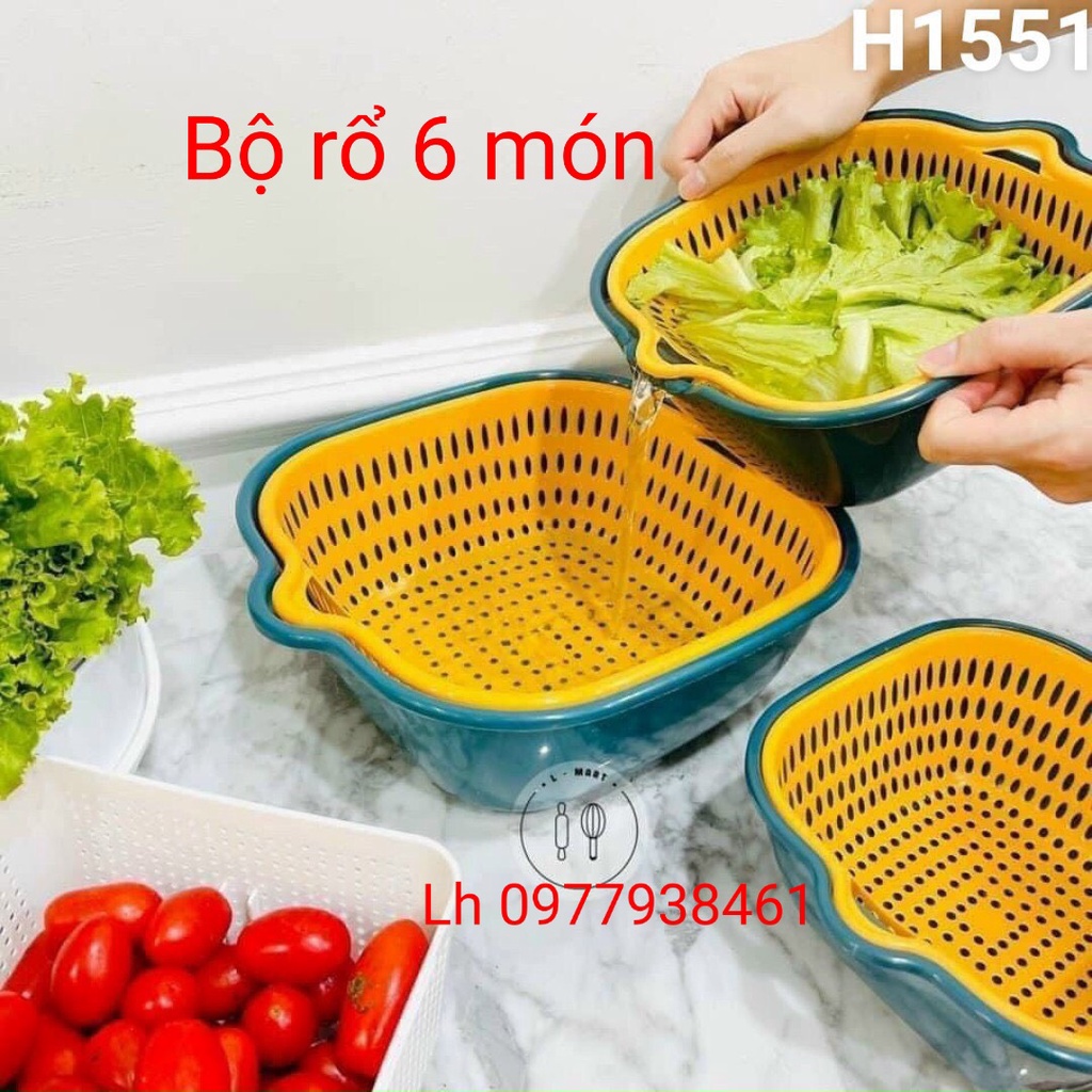 Bộ rổ nhựa kèm chậu 6 món đa năng rửa rau củ quả hai lớp cao cấp ráo nước tiện dụng