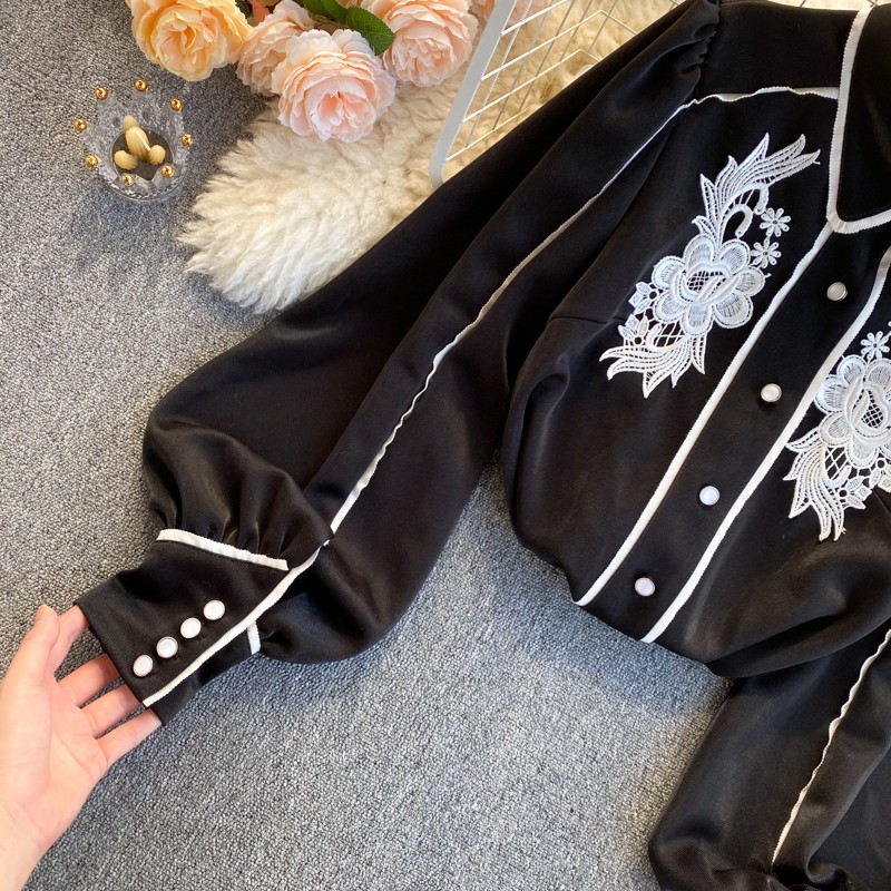 Áo sơ mi thêu áo nữ cách điệu dài tay mùa thu