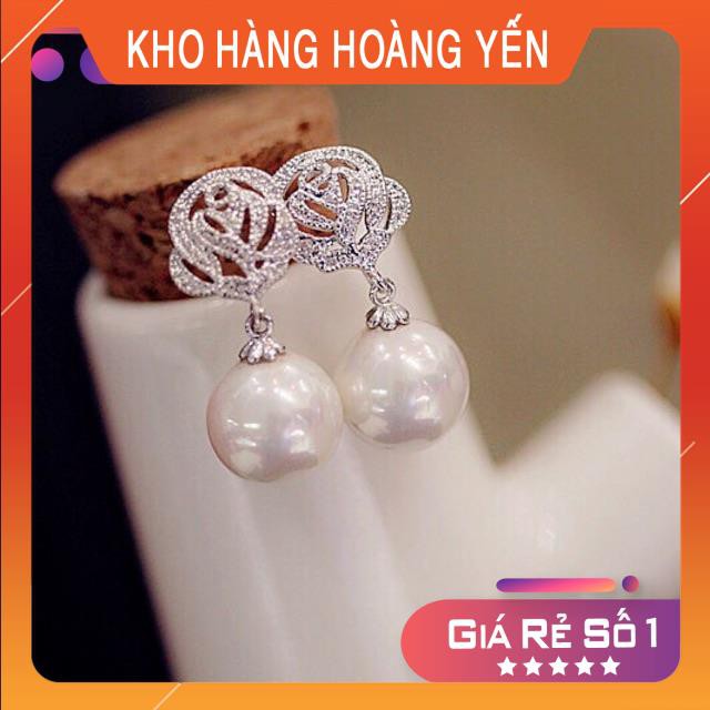 Khuyên tai mạ bạc hoa hồng hạt châu đẹp nhẹ nhàng