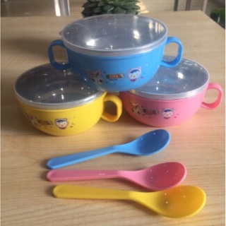 Bát ăn dặm inox 2 lớp cách nhiệt cho bé có tay cầm nắp đậy kèm thìa muỗng, chén ăn cháo, bát ăn cơm