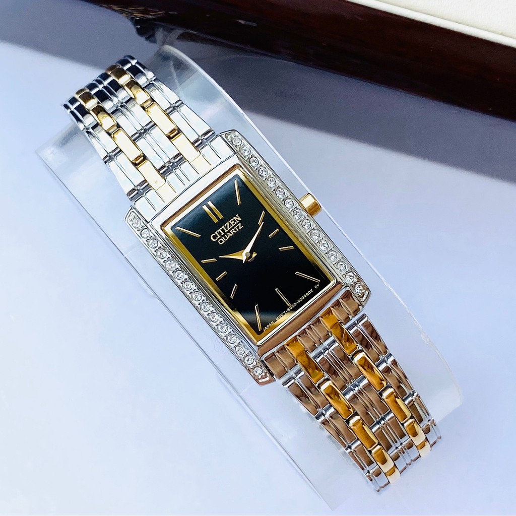 Đồng hồ Nữ chính hãng Citizen EK1120-55L Demi vàng,Mặt đen vuông-Máy Pin Quartz-Dây kim loại cao cấp-Size 28x18mm