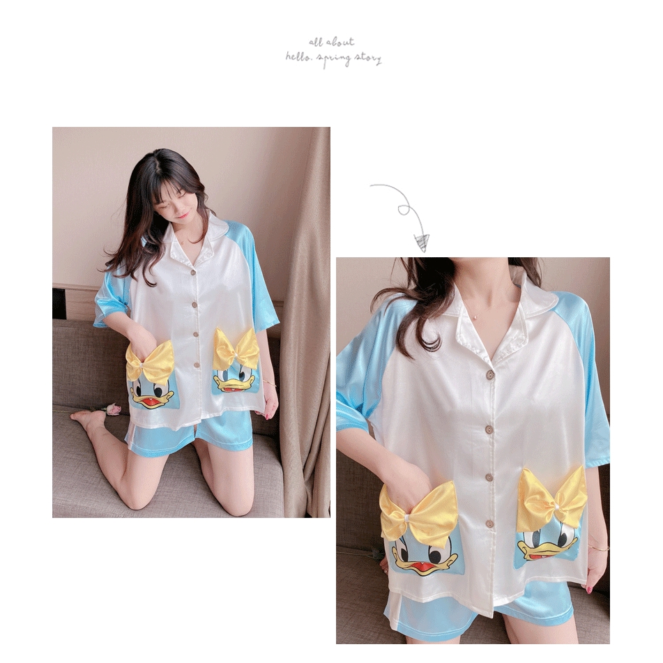 Xiaohan Korean Satin Sleepwear Set Loose Casual Shirt Style Pajamas for Women Cartoon Print Pyjamas Terno Nightwear Suit