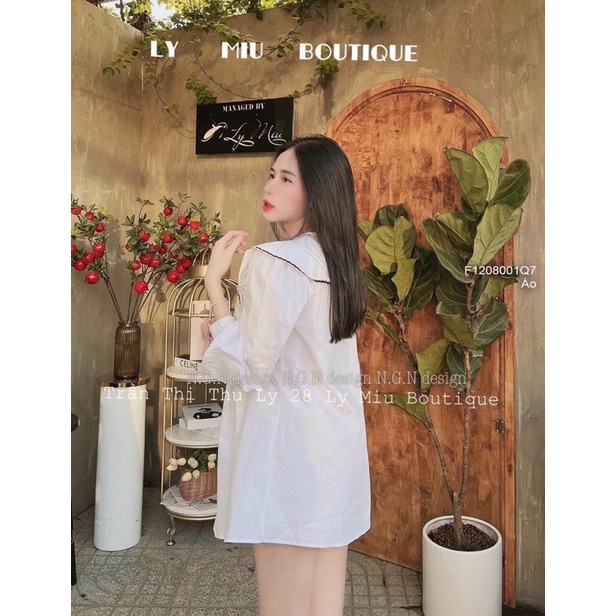 Áo sơ mi Baby cổ nhọn viền thêu phối hình bánh form rộng CƯNG TT1208