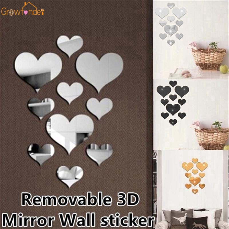 Bộ 10 miếng acrylic dán tường trang trí nội thất hình trái tim 3D DIY