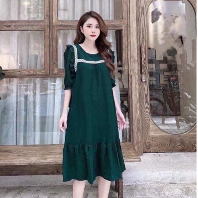 (50-75kg)Váy bầu pha ren ngực màu xanh cực xinh và lạ cho các bầu công sở