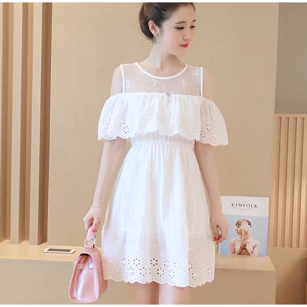 Đầm trắng tiểu thư trễ vai hàng Quảng Châu, váy trắng xòe trễ vai bèo 2 lớp dễ thương