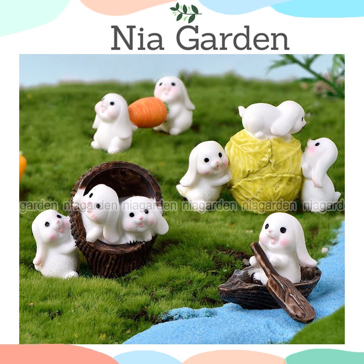 Mô hình thỏ trang trí vườn chậu cây mini bể cá tiểu cảnh thỏ ôm cà rốt bắp cải chèo thuyền Nia Garden N5