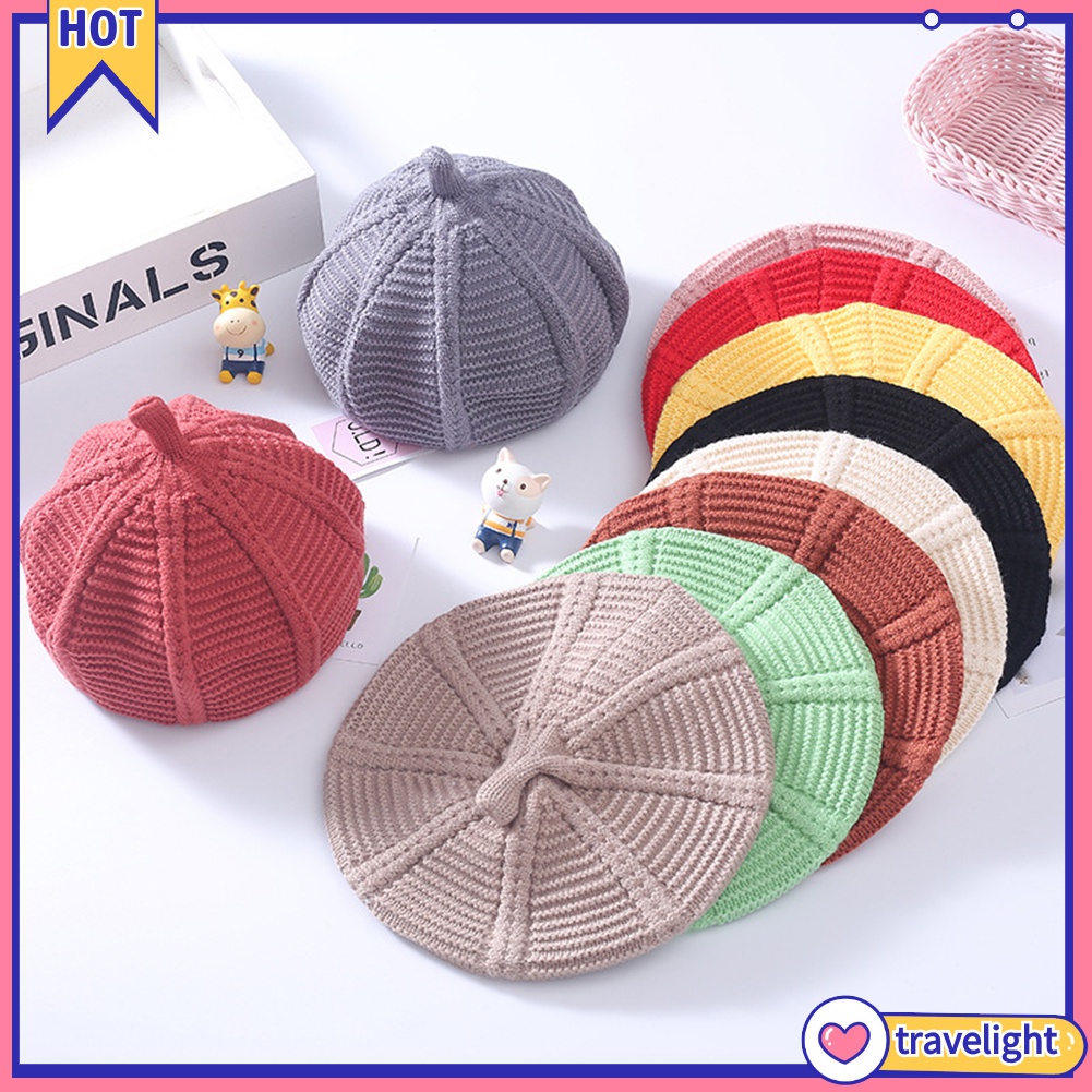 Mũ beret dệt kim màu trơn thời trang mùa đông cho bé gái