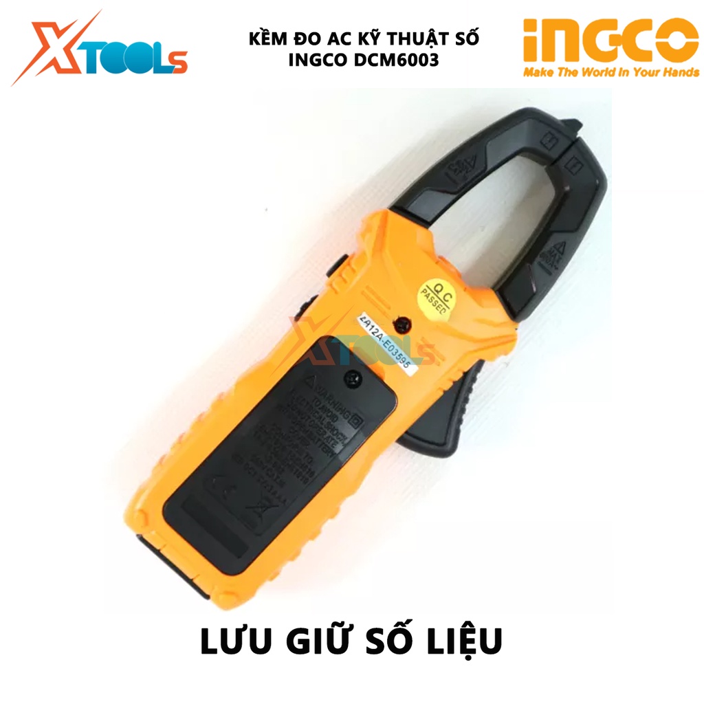 Ampe kìm đo AC kỹ thuật số INGCO DCM6003| Kềm đo AC kỹ thuật số 6000 số đếm, lưu giữ số liệu Dòng điện AC 2A/20A/200A/±(