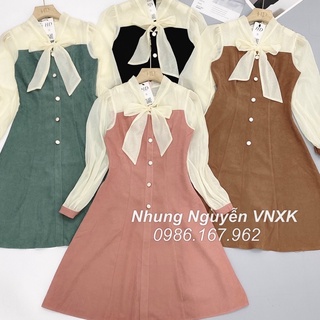 Váy liền phối màu buộc nơ, dáng nhấn eo hách dáng