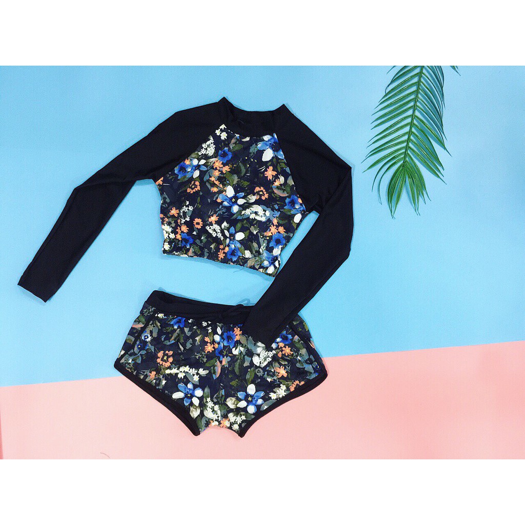 Bikini hai mảnh dài tay hoa mặc đi biển đi bơi chống nắng