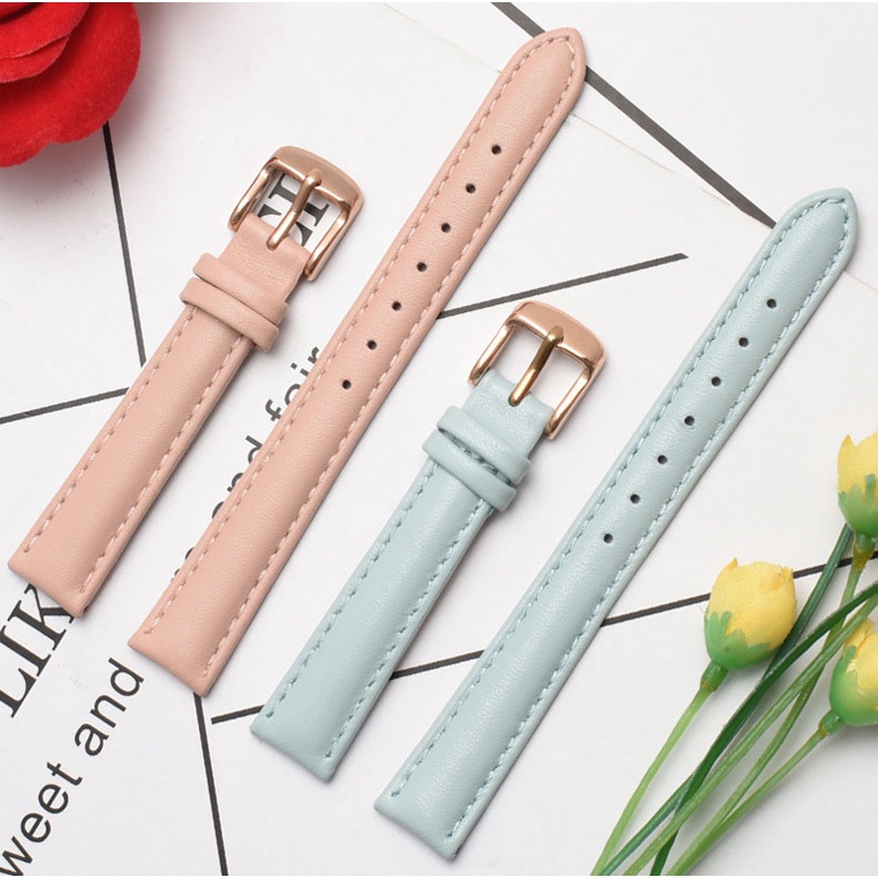 [Hàng nhập- Loại Xịn] Dây đồng hồ da bò 2 mặt lớp da bò đầu tiên CHỐT THÔNG MINH BO-27 size 12 14 16 18 20mm (Hồng/Xanh)