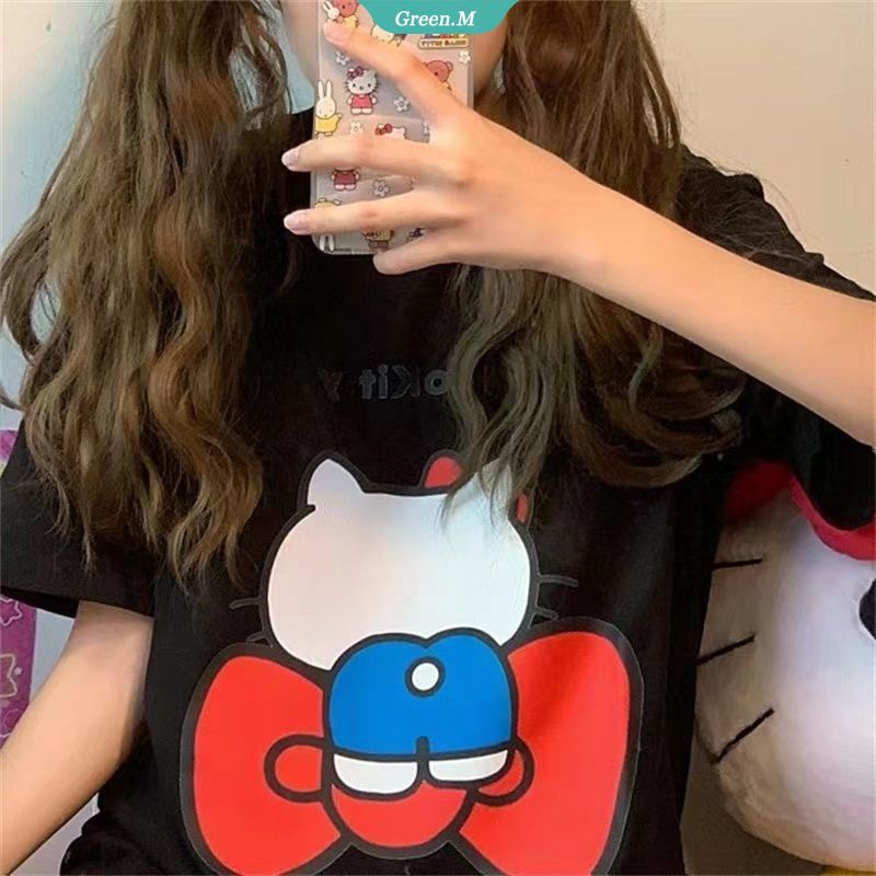 SANRIO Áo Thun Nữ Tay Ngắn Dáng Rộng In Hình Hello Kitty Đáng Yêu