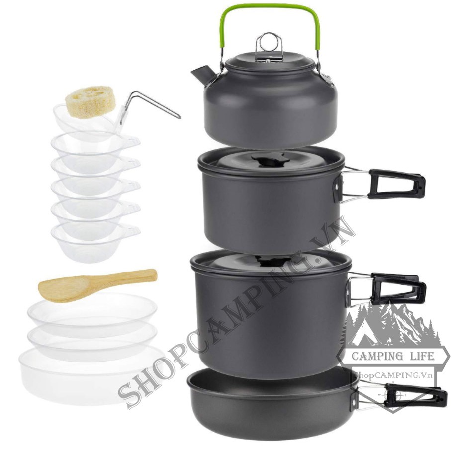 Bộ nồi xếp gọn 15 món nhôm siêu nhẹ đi phượt, cắm trại DS 508, bộ nấu ăn dã ngoại - Camping Vietnam