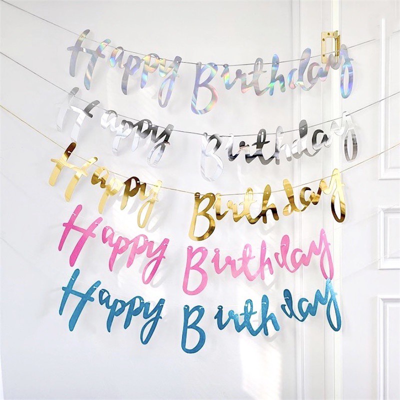 Dây cờ treo trang trí tiệc sinh nhật màu hồng / xanh dương / vàng / bạc phong cách Hàn Quốc độc đáo