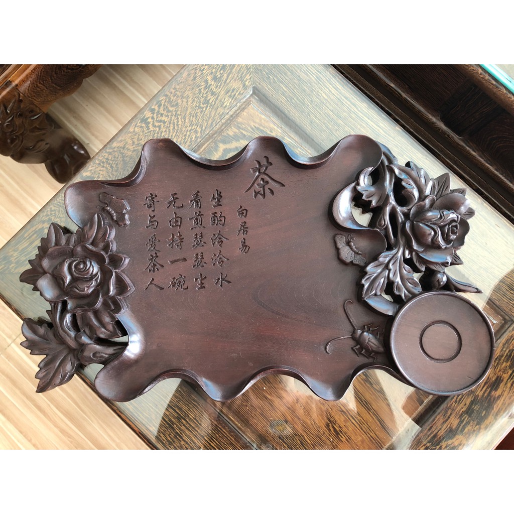 khay trà gỗ gụ bông hoa