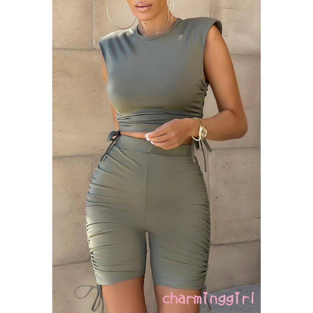 Set Áo Lửng Sát Nách Và Quần Short Lưng Cao Thời Trang Dành Cho Nữ