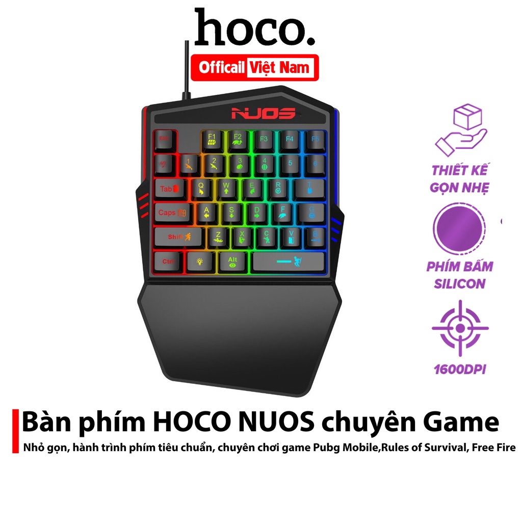 Bàn phím giả cơ HOCO NUOS LED RGB, hành trình 35 phím chuyên game Pubg Mobile,Rules of Survival, Free Fire
