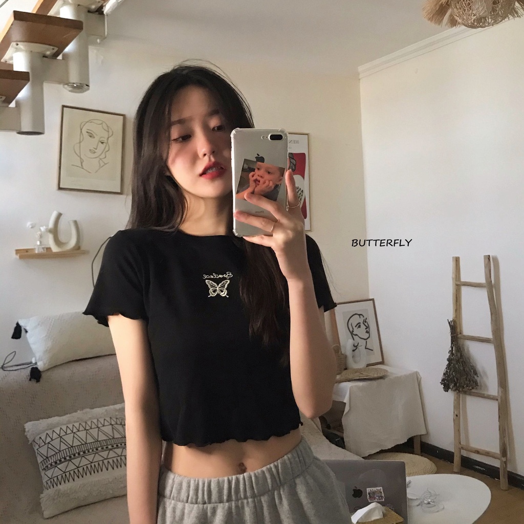 【Giselle】Áo croptop tay ngắn rộng dáng trang cho nữ Size S-2Xl Hàn Quốc mùa hè Áo thun