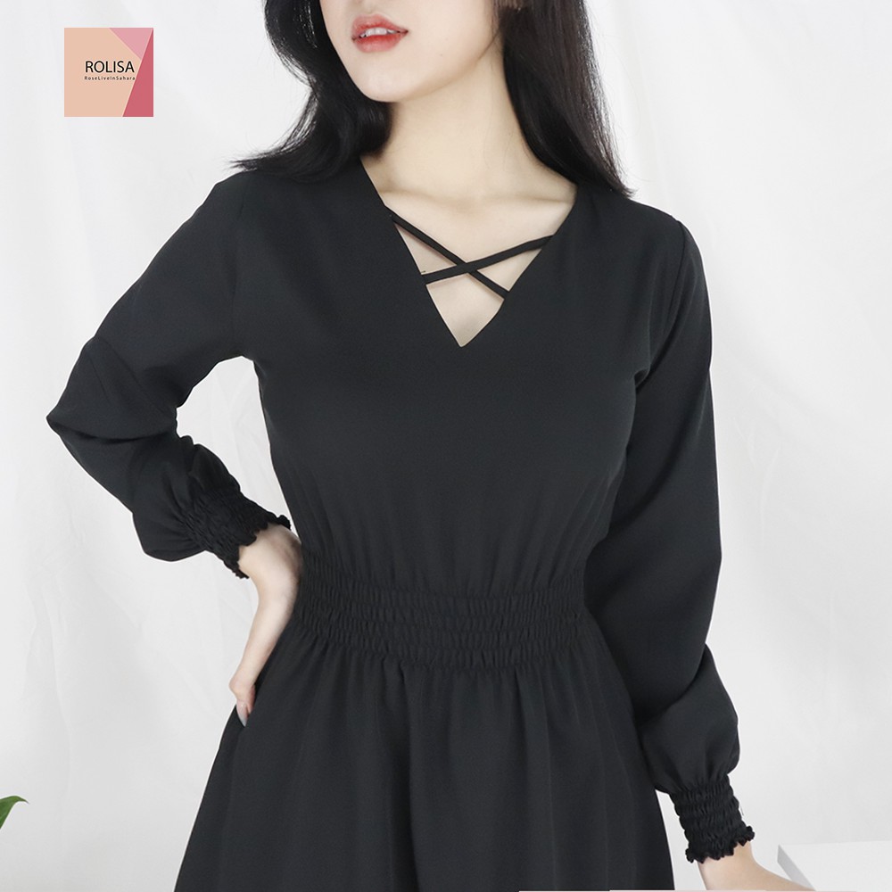 [Mã SKAMSALEP6 giảm 10% tối đa 100K đơn 150K] Đầm váy nữ dài tay dáng dài Rolisa RD058 Màu đen | BigBuy360 - bigbuy360.vn