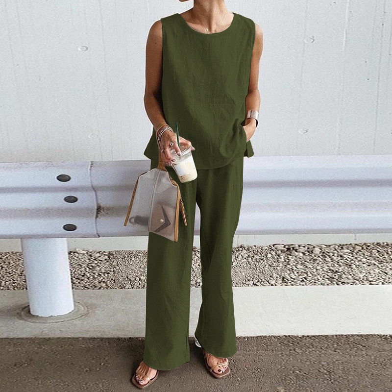 Bộ Áo thun ZANZEA không tay và Quần dài ống rộng nữ tính