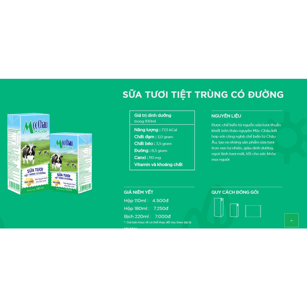 (Vỉ 4 hộp 110 ml) Sữa tươi Mộc Châu có đường