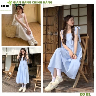 Đầm 2 dây buộc vai - váy babydoll 2 dây thô thắt nơ 2 mầu maxi đi biển cực xinh dễ thương -EOBI