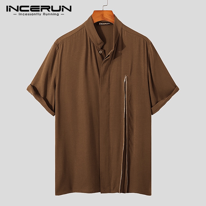 Áo sơ mi INCERUN tay lửng cổ đứng màu trơn phối khóa kéo thời trang mùa hè vintage dành cho nam