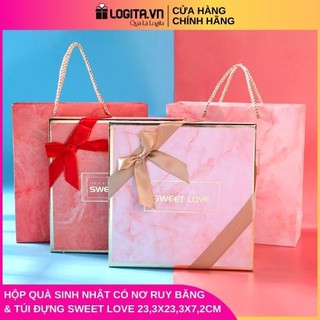Hộp Quà Sinh Nhật Có Nơ Ruy Băng Chéo Tinh Tế Kèm Túi Đựng Quà SWEET LOVE - Kích thước 23,3x23,3x7,2cm