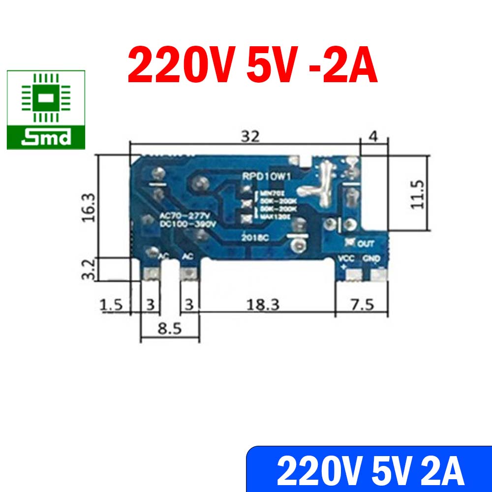 Module nguồn xung mini AC DC 220V 5V 2A 1 hàng chân Mạch nguồn AC tích hợp Chân hàn PCB IOT