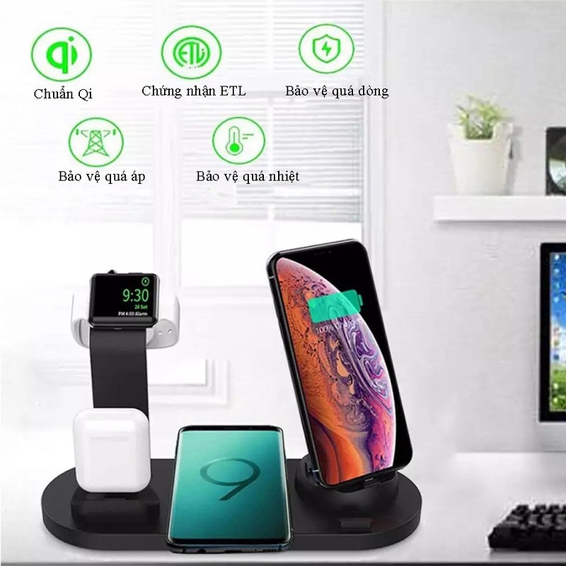 ĐẾ SẠC NHANH ko dây 6 IN 1 ( sạc được tai nghe ko dây táo pro)-full box,Hàng chuẩn 100% QT