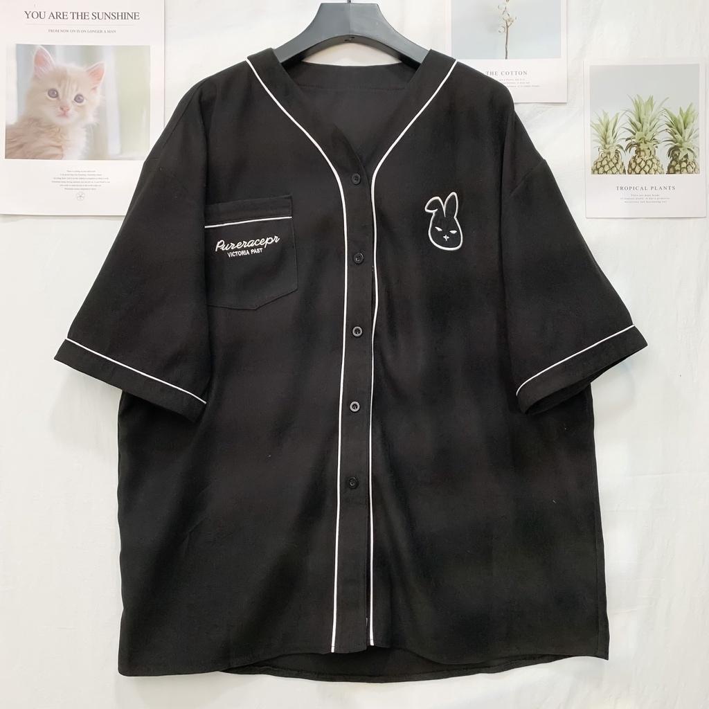 Áo sơ mi nữ tay ngắn , áo form rộng cổ V viền thỏ đi học xinh xắn